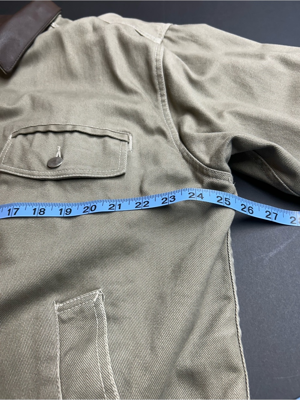 Men's Tan Workwear Jacket with Brown Leather Collar and Plaid Cotton Lining - Picture 4 of 8